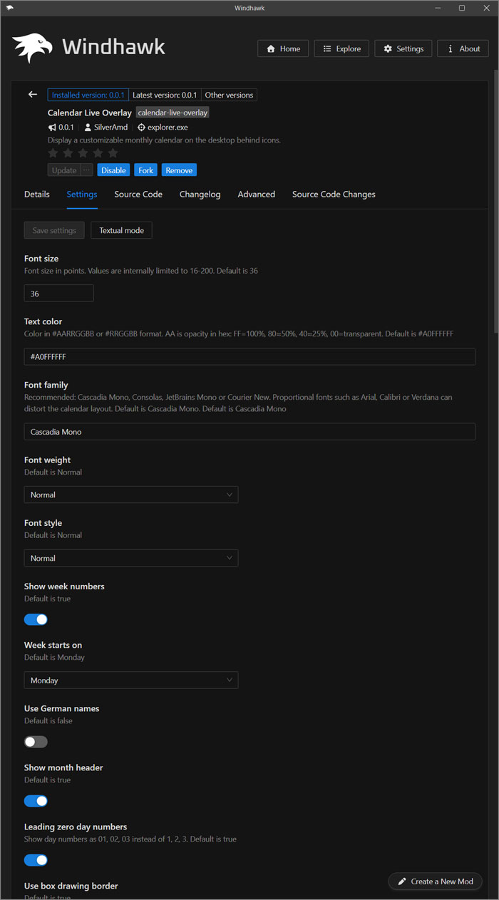 Windhawk mod settings tab