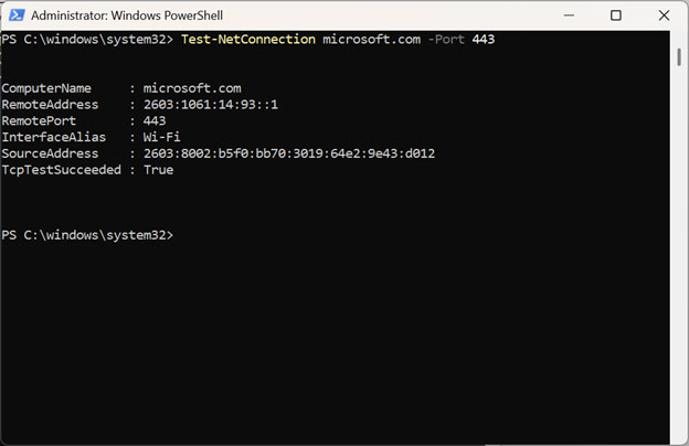 Test-NetConnection success