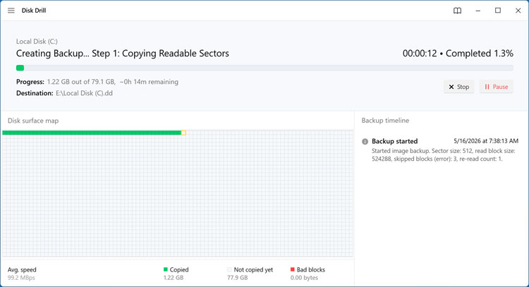 Disk Drill image backup process