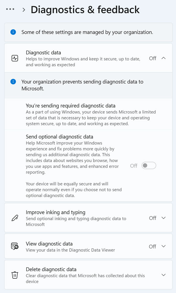 Windows Diagnostics and feedback options