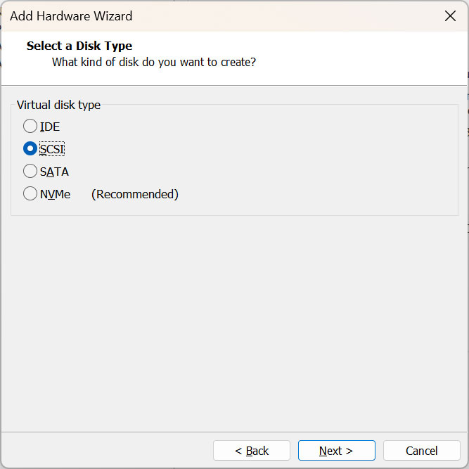 Select a virtual disk type for your VM
