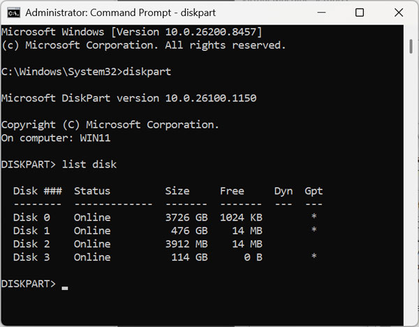 DiskPart list disk command