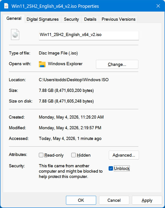 File properties dialog box