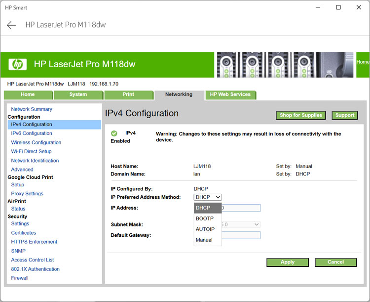 HP IPv4 configuration