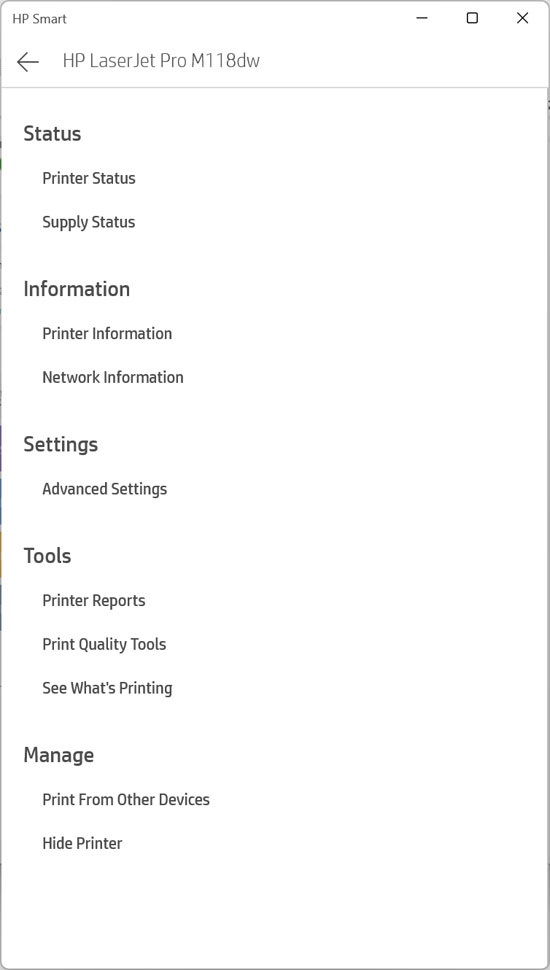 HP Smart settings