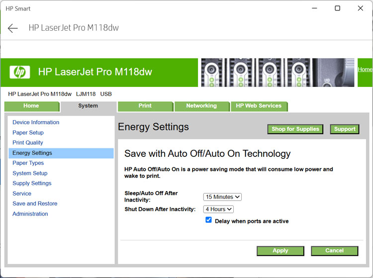 HP Smart app System tab