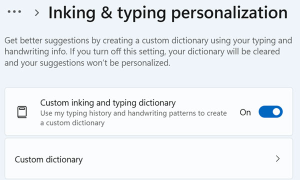 Windows Inking and typing personalization settings