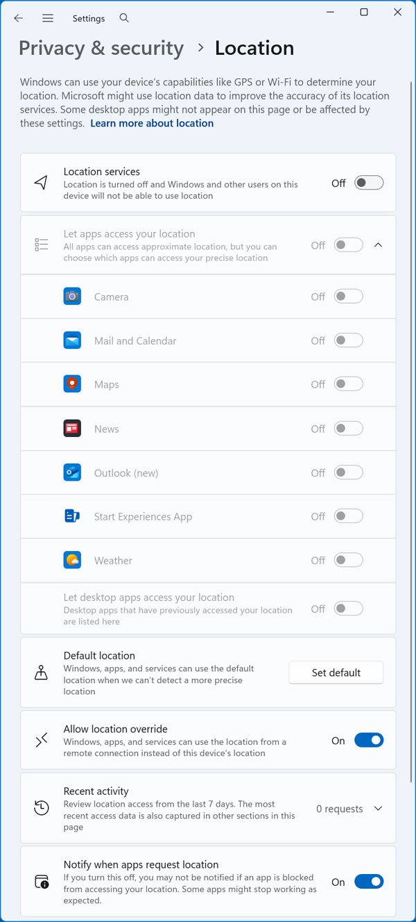 Windows location options