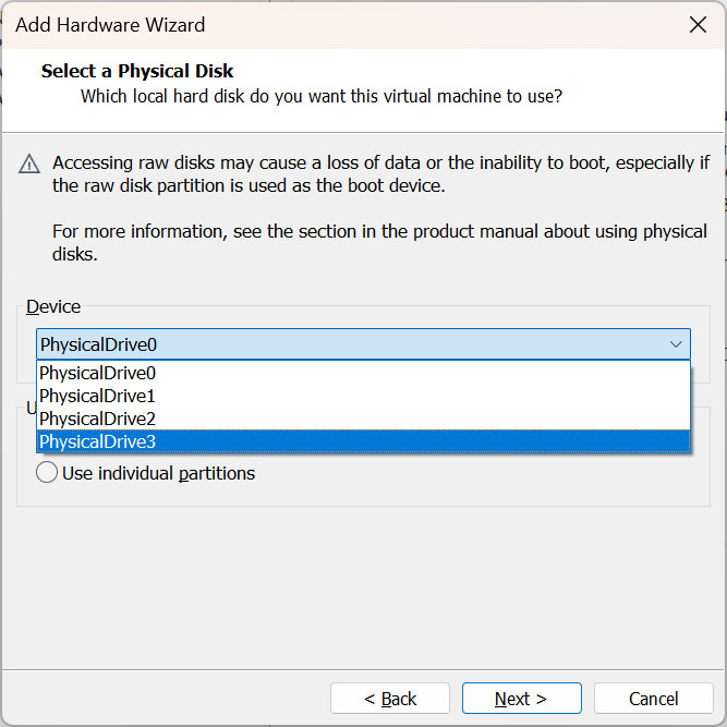 VMware PhysicalDrive selection