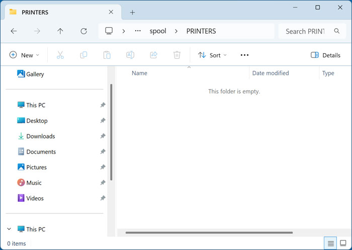 C:\Windows\System32\spool\PRINTERS folder