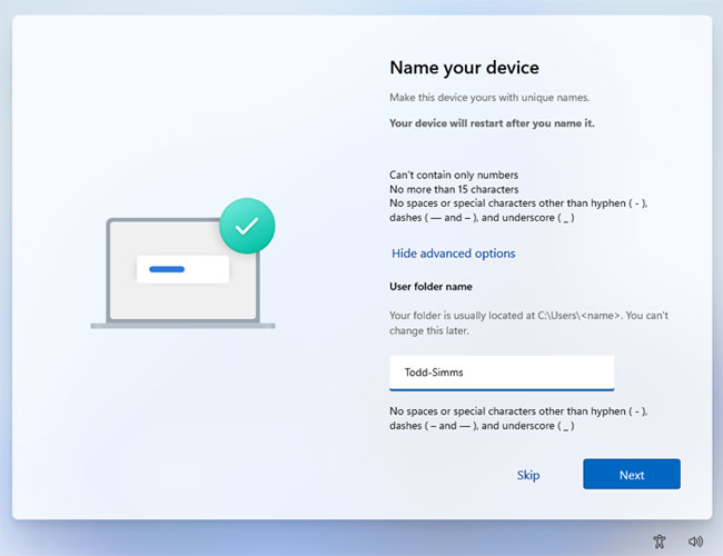 Windows 11 user folder name step
