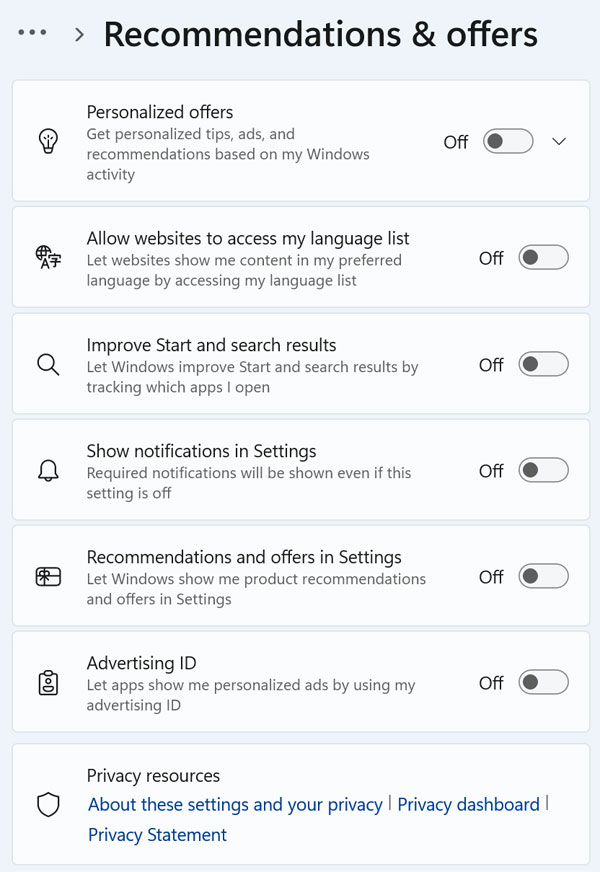 Windows Recommendations and offers settings