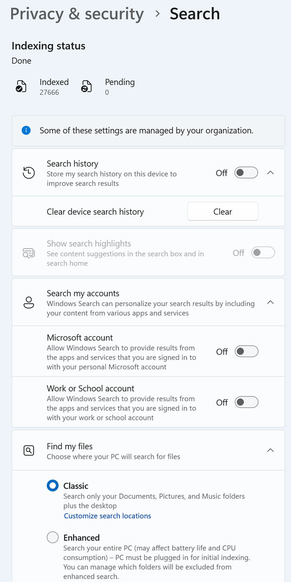 Windows search options