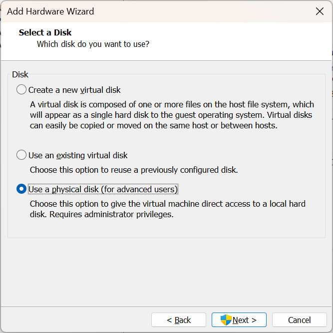 Select a disk type for the virtual machine