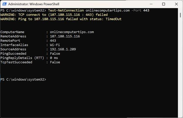 Test-NetConnection command failed