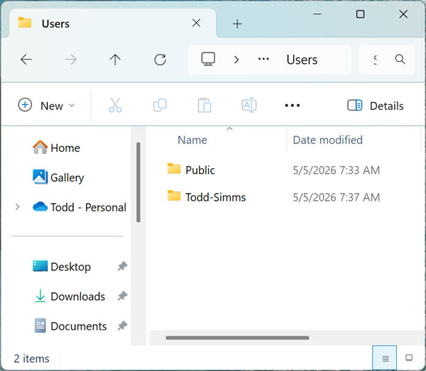 Windows user profile folders