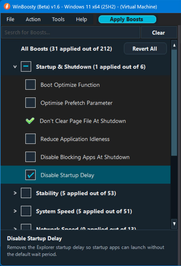 Winboosty startup and shutdown section