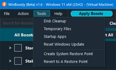 Winboosty menu options