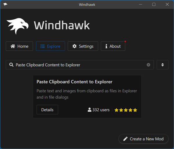 Windhawk Explore section