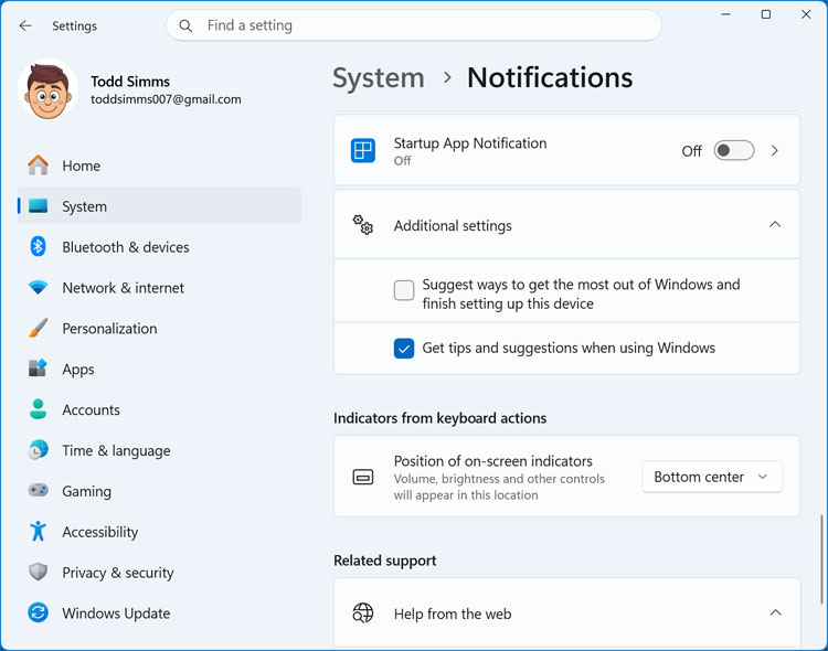 Windows System > Notifications settings