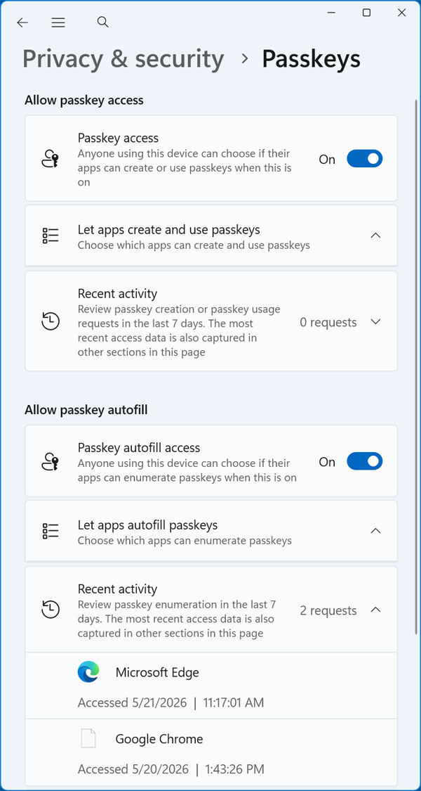 Windows Passkeys privacy options