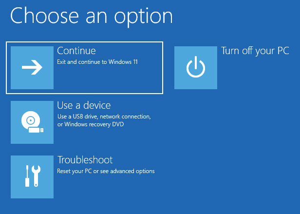 Windows Recovery Environment (WinRE) choices