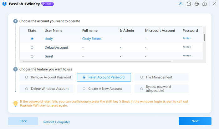 4WinKey select user account