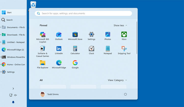 Windows 11 Start menu on the left