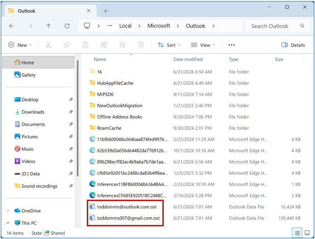 %localappdata%\Microsoft\Outlook folder for OST files