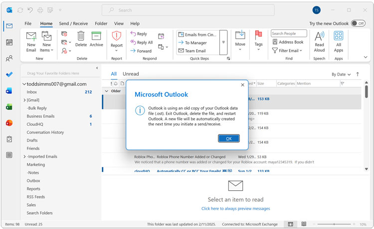 Outlook using old copy of Outlook data file (OST)