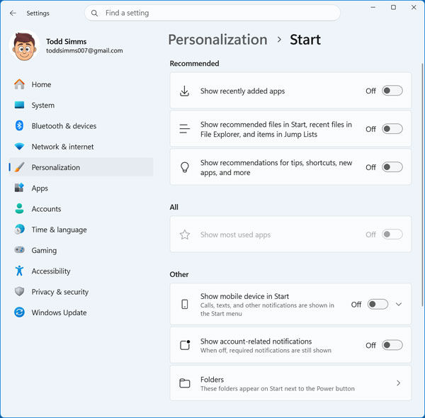 Windows Settings app for personalization