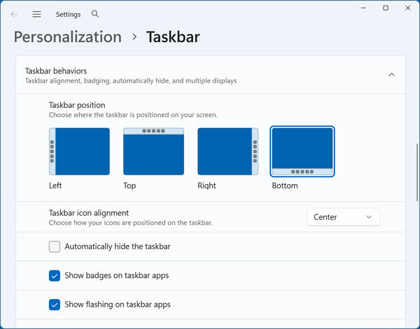 Windows 11 taskbar position setting