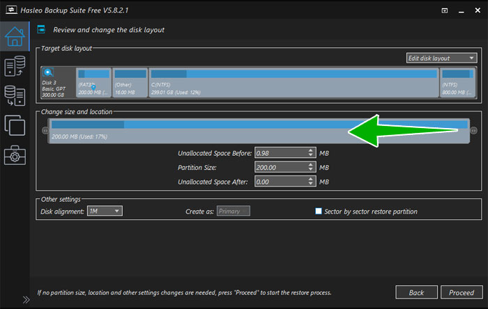 Resize destination drive