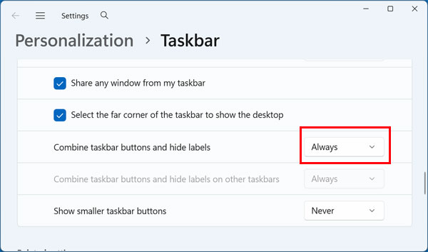 Windows 11 taskbar settings
