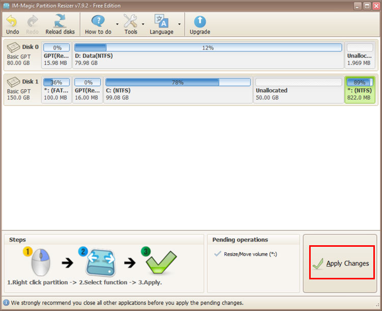 IM-Magic Partition Resizer showing moved partition