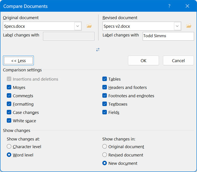 Compare documents options