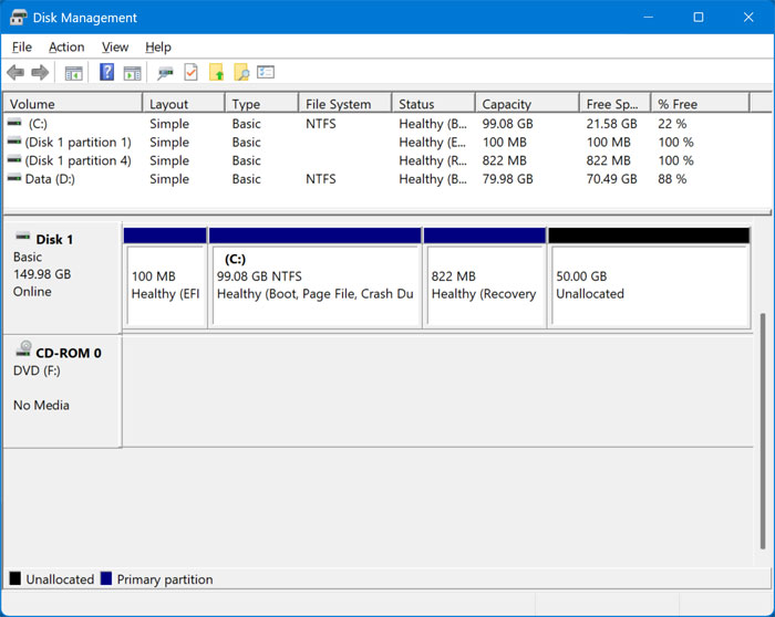 Windows Disk Management tool