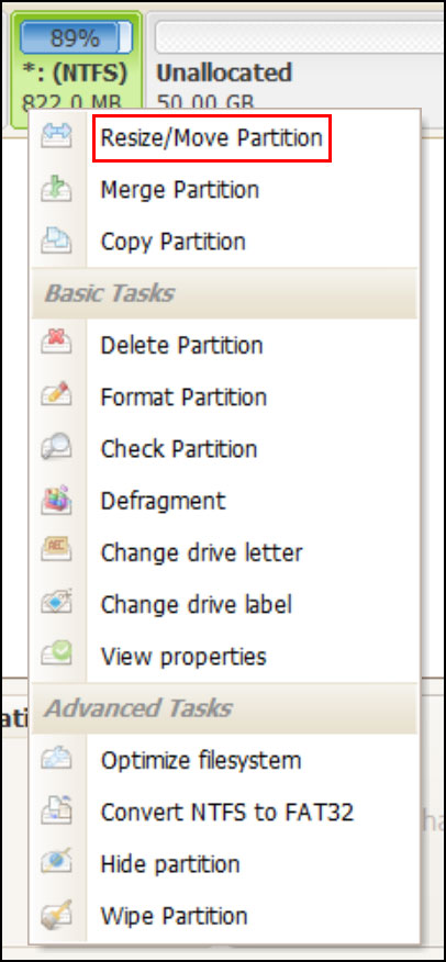 Right click partition choose Resize/Move Partition