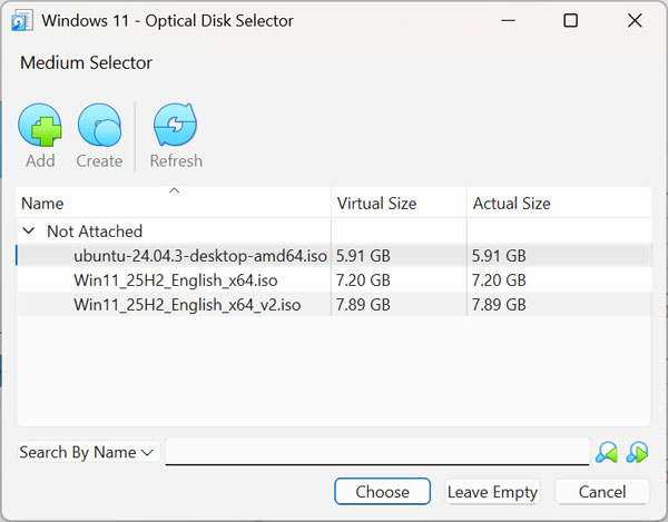 VirutalBox Medium Selector