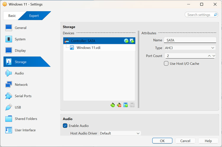 VirtualBox VM Storage settings