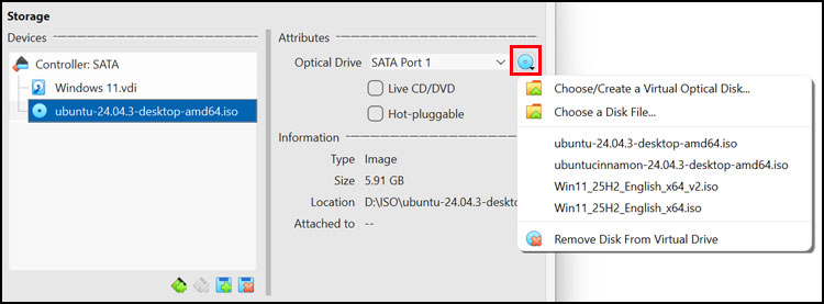 VirtualBox virtual machine storage settings