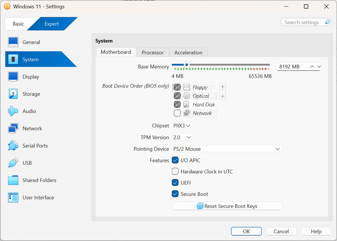 VirtualBox system settings