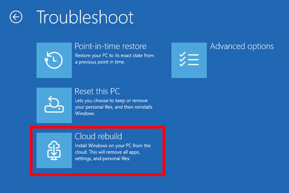 Windows Cloud Rebuild menu