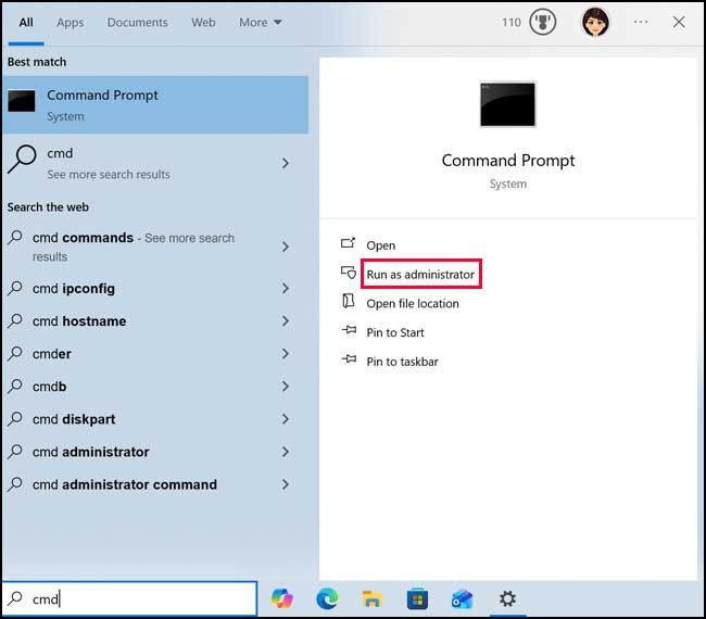 Opening CMD from the taskbar search box