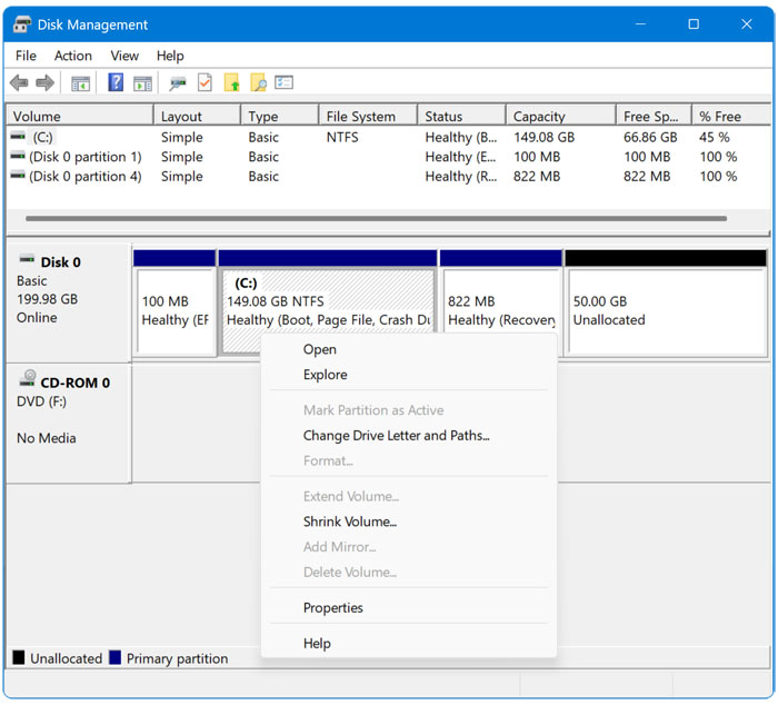 Trying to extend a volume in Disk Management