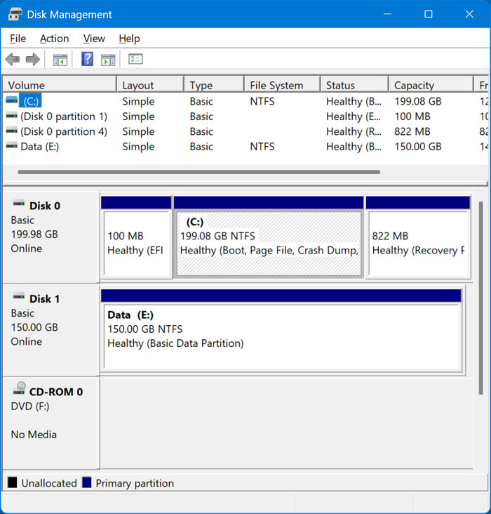 Windows Disk Management showing attached drive