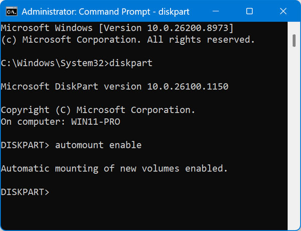 DiskPart automount enable command