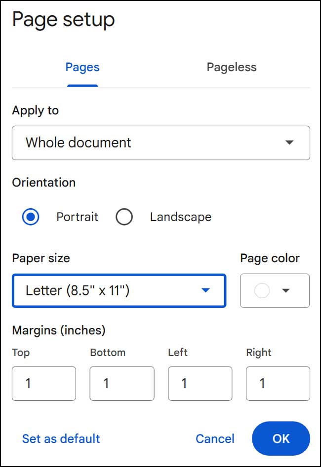 Google Docs page setup dialog