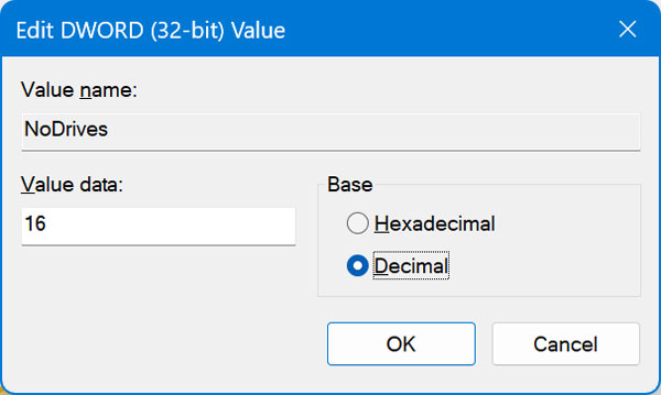 Edit the NoDrives DWORD value