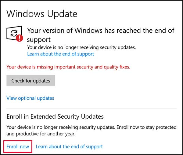 Windows update enroll in Extended Security Updates